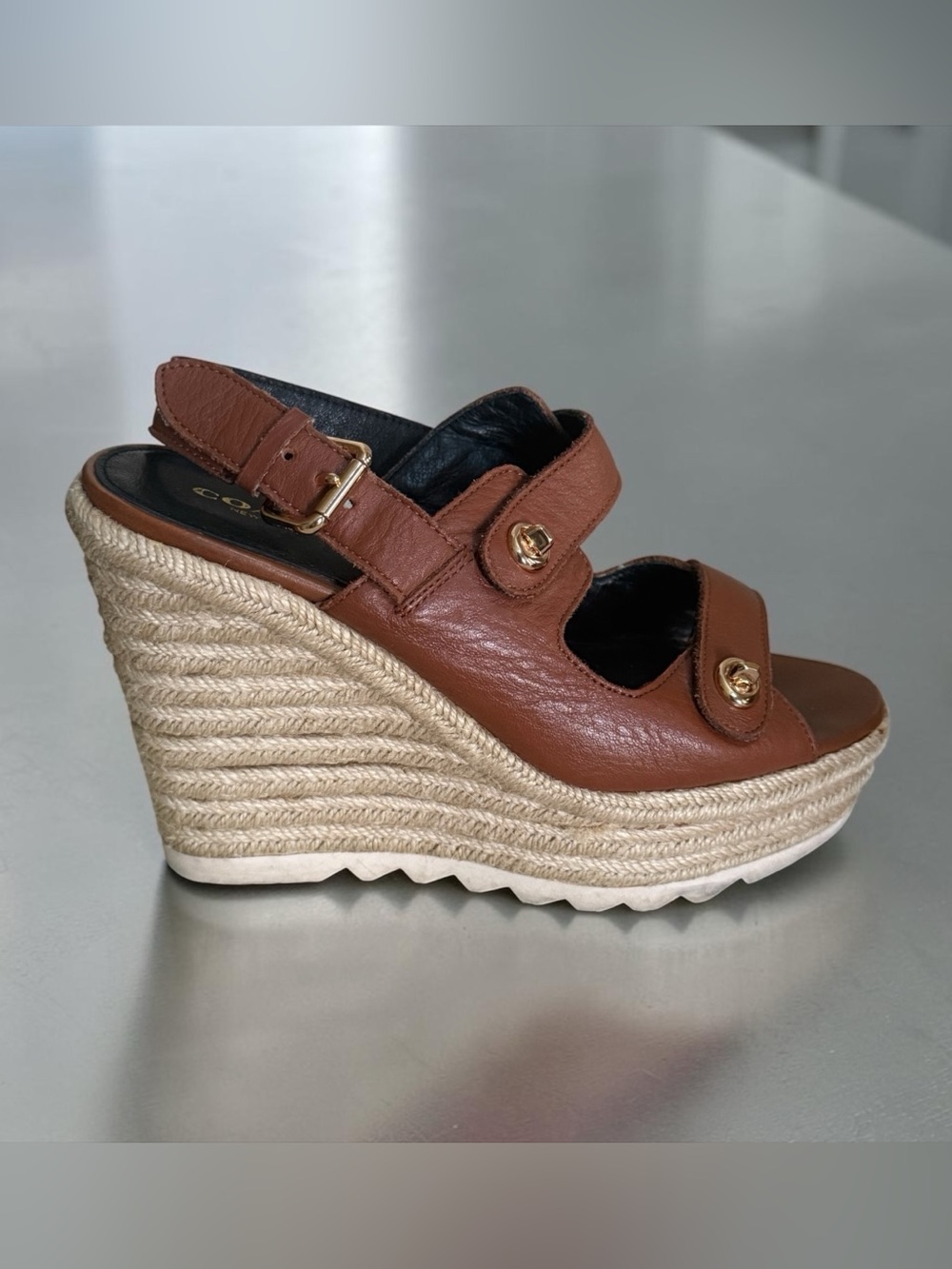 Coach Cognac Brown Leather Espadrille Platform Wedge Sandals! Size 6 EUC!! - Picture 10 of 13